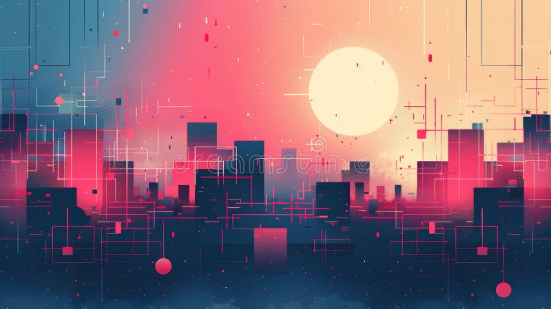 Abstract futuristic cityscape at sunset with digital elements and a large, glowing orb royalty free illustration