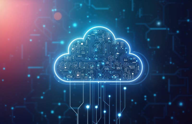 Abstract futuristic cloud symbol with digital circuits. Glowing light rays represent complex connections, data flow. Blue royalty free illustration