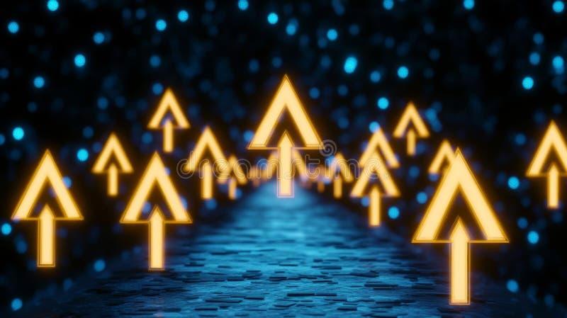 Abstract Futuristic Data Stream Visualization with Arrow Signs Representing Upward Growth in Tech royalty free illustration