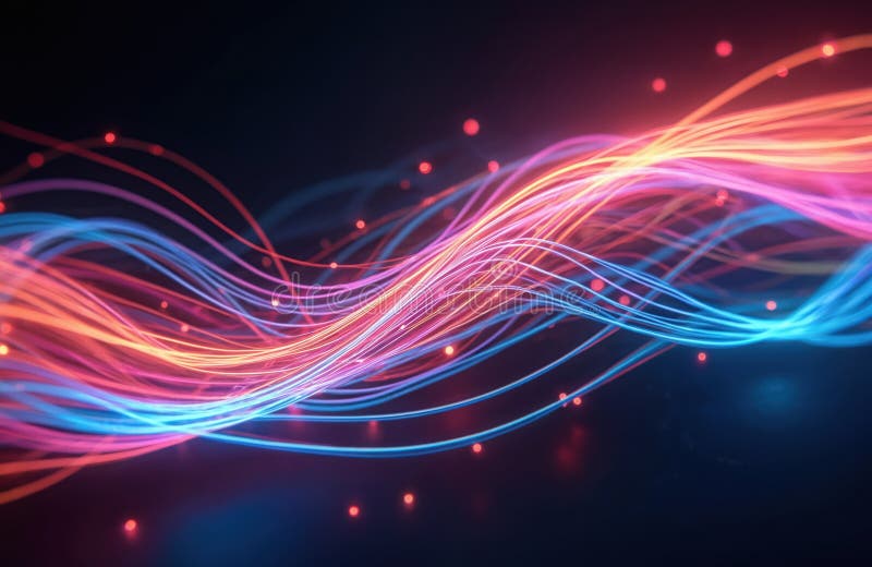 Abstract futuristic design shows colourful glowing optic fiber cables. Dynamic lines, waves create pattern of data flow. Bright royalty free illustration