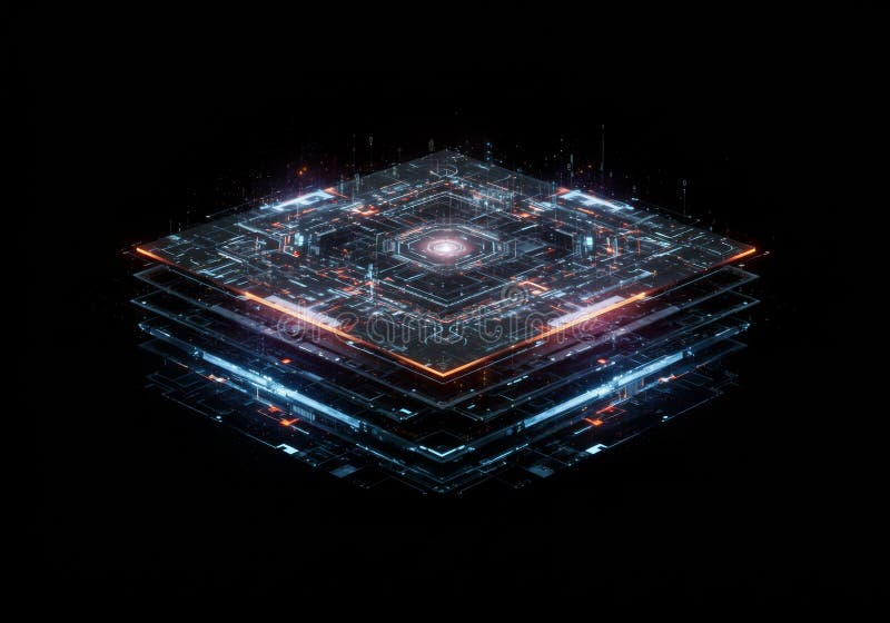 Abstract Futuristic Digital Data Structure with Glowing Particles stock illustration