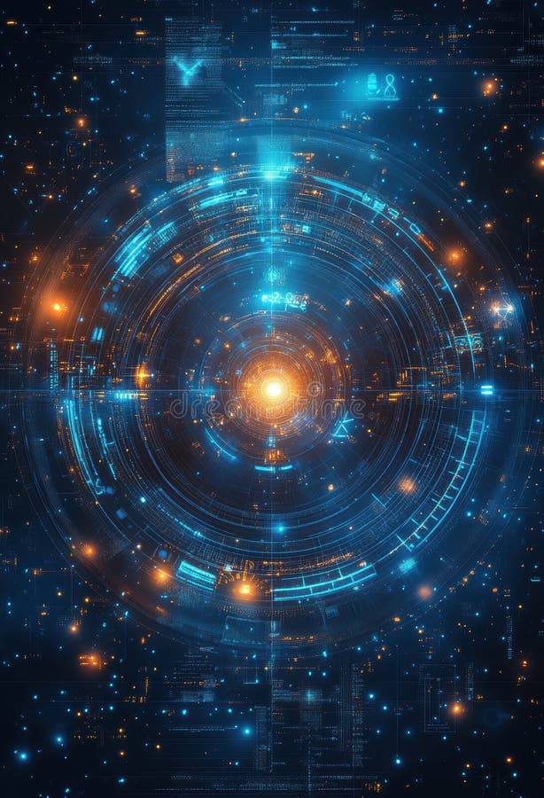 Abstract futuristic digital interface with glowing orange and blue lights stock photo