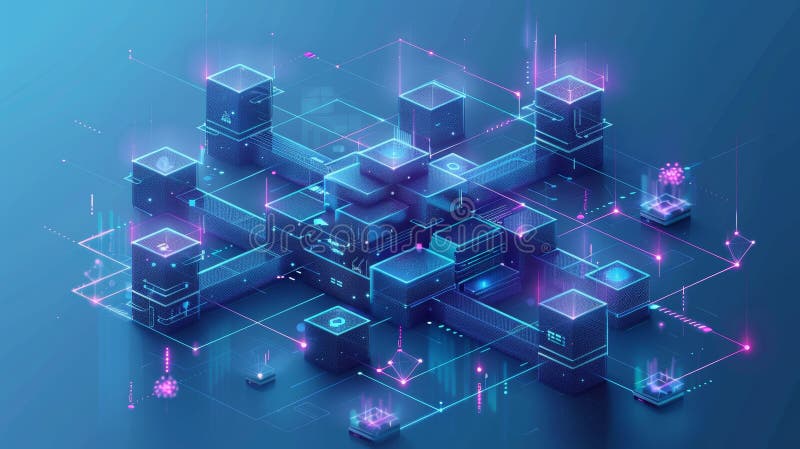 Abstract futuristic digital network with glowing blue and pink lines connecting data servers royalty free illustration