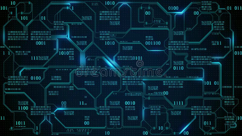 Abstract futuristic electronic circuit board with binary code, neural network and big data - an element of artificial intelligence stock illustration