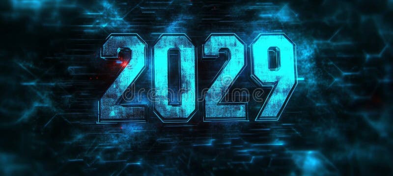 Abstract Futuristic Glowing Digital Big 3D Number 2029 in Tech Style on Digital Background stock illustration