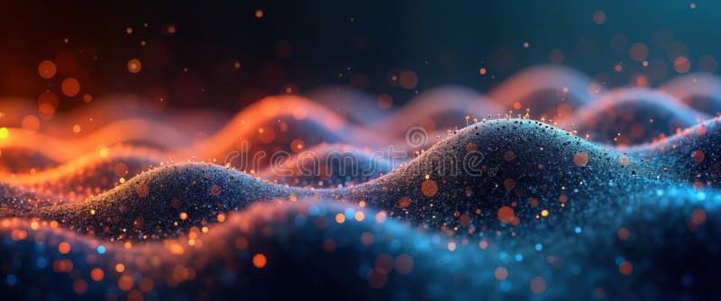 Abstract futuristic graphic. Data waves with glowing particles. Organized particle groups form dynamic big data visualization. stock illustration