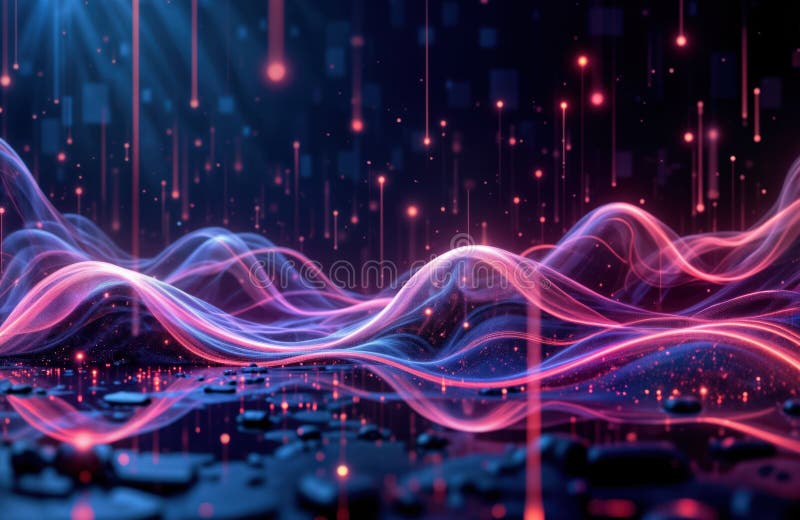 Abstract futuristic illustration shows glowing particles forming wavy shapes. Dynamic flow of data, energy. Modern design with stock illustration