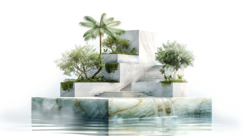 Abstract, futuristic island with lush greenery and a modern, geometric structure. Minimalist and serene vector illustration