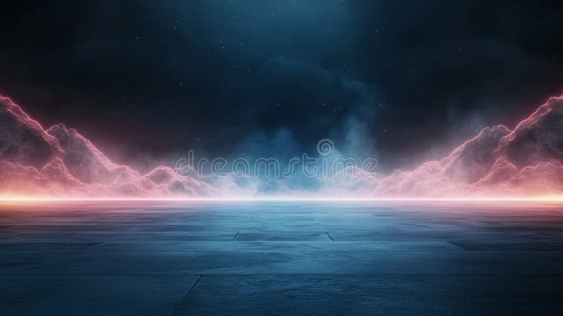 Abstract futuristic landscape with neon mountains and smoke. Perfect for backgrounds and design elements stock illustration