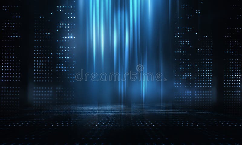 Abstract futuristic neon background. Searchlight light, wet asphalt, smoke, night view, rays. stock illustration