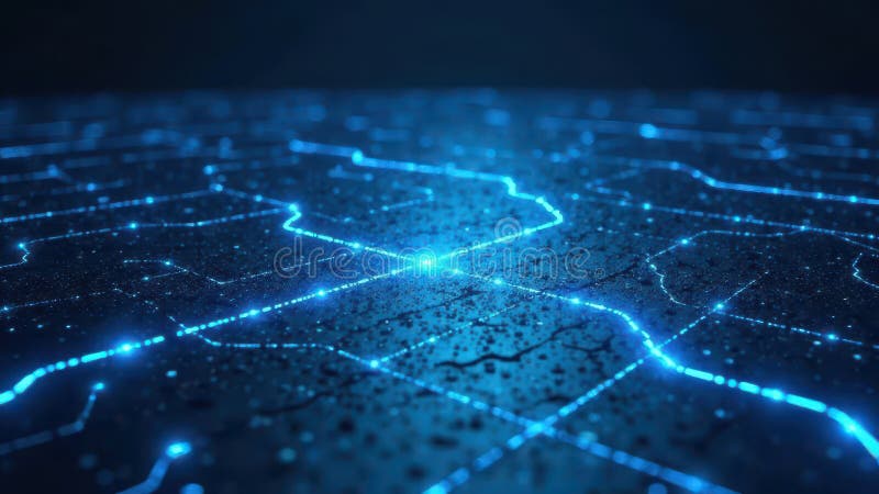 Abstract futuristic network illuminated pathways on a dark surface with glowing nodes. Generative AI stock illustration
