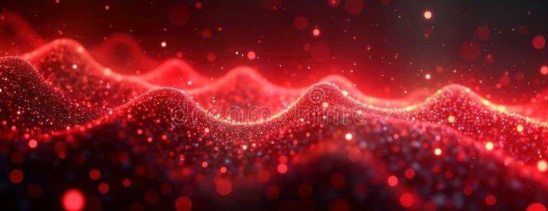 Abstract futuristic scene shows red light trails swirling in dark background. Dynamic energy, glowing particles create vector illustration