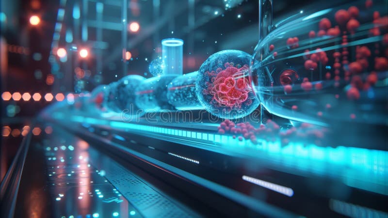 Abstract futuristic science concept with glowing tubes and red particles stock illustration