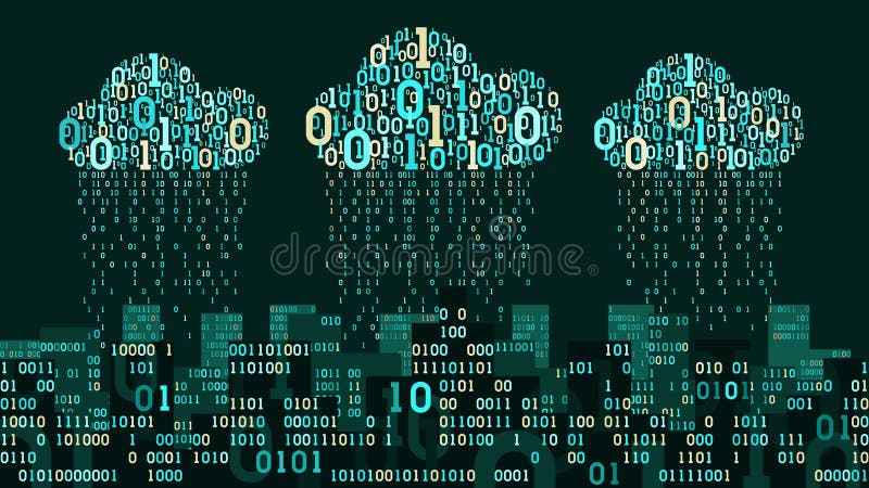 Abstract futuristic smart city with the artificial intelligence, connected to cloud storage, binary rain - data stream