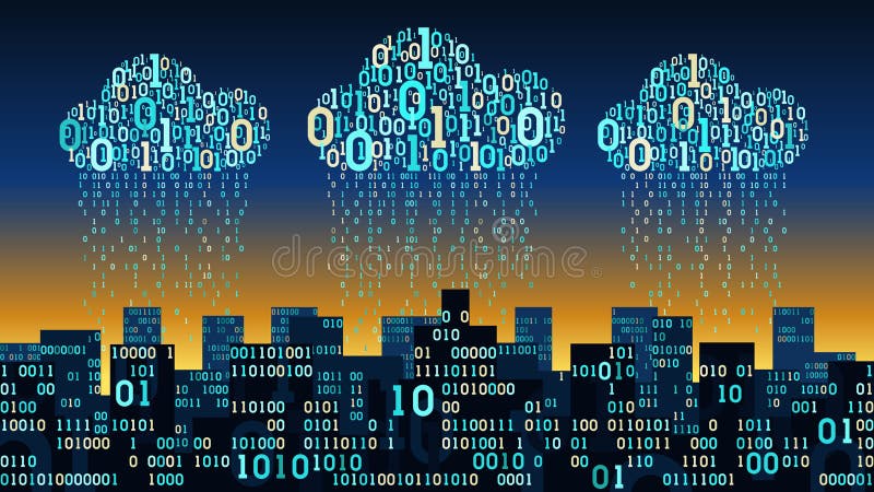 Abstract futuristic smart city with the artificial intelligence connected to cloud storage, binary rain data stream, big data