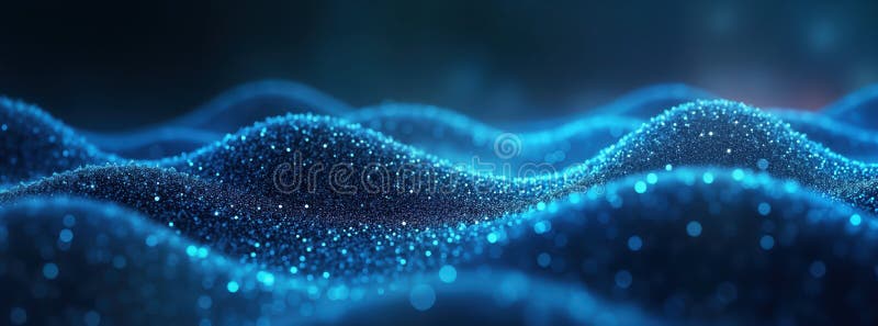 Abstract futuristic tech background. Deep blue dynamic particle design. Wavy glowing surfaces form geometric structures. stock illustration