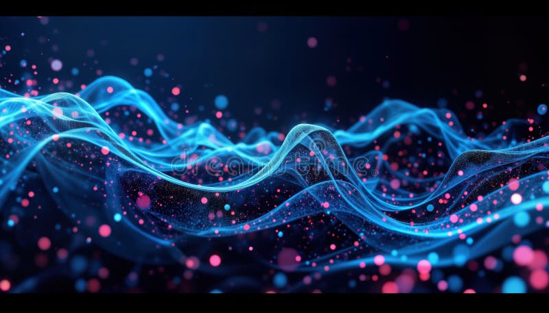 Abstract futuristic tech background shows dynamic blue curves with glowing particles. Wave pattern evokes concept of data flow stock illustration