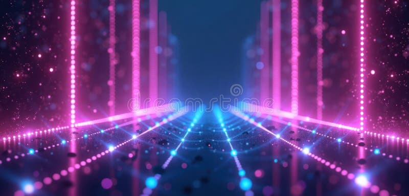 Abstract futuristic tech background shows vertical purple, blue gradient lights. Glowing dots create dynamic lines. Vivid vector illustration