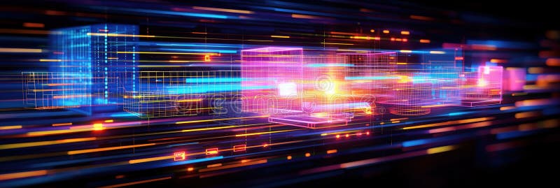 Abstract futuristic tech concept with glowing grid lines, neon flare, and digital signals. Modern big data network with quantum royalty free illustration