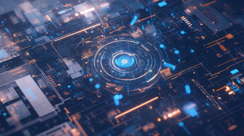 Abstract futuristic technology background with glowing blue and orange lines and circles, representing data flow and connectivity royalty free illustration
