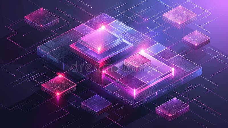Abstract futuristic technology background with glowing digital cubes and circuit board royalty free illustration