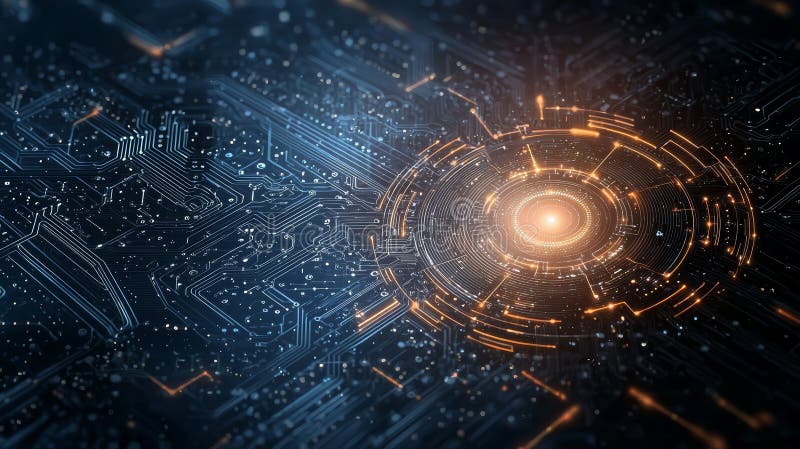 Abstract futuristic technology background with glowing orange circuit board and circular pattern stock illustration