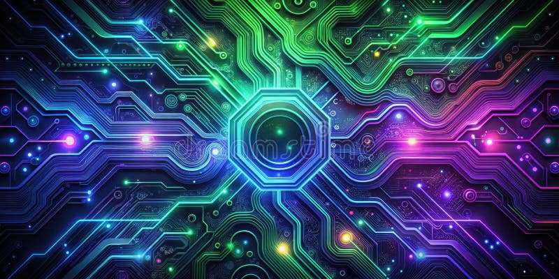 Abstract futuristic technology circuit board design with illuminated pathways and central hub. Generative AI stock illustration