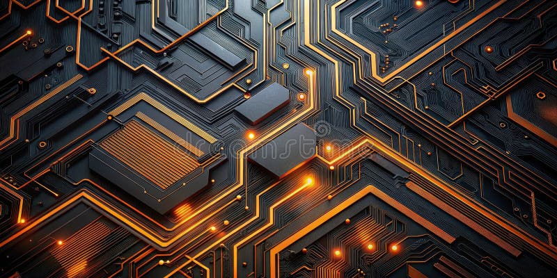 Abstract futuristic technology circuit board design with illuminated pathways and hexagonal components. Generative AI royalty free illustration