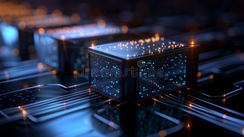 Abstract futuristic technology concept with glowing cubes on a circuit board vector illustration