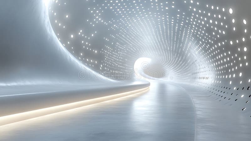 Abstract futuristic tunnel with dotted light patterns and smooth metallic walls for science fiction concept render royalty free illustration