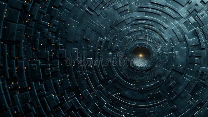 Abstract futuristic tunnel with glowing light at the end stock illustration