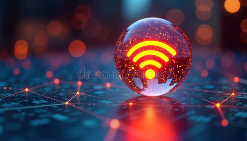 Abstract futuristic wireless network graphic shows glowing wifi symbol on glass sphere. Network lines connect data points. Modern stock illustration