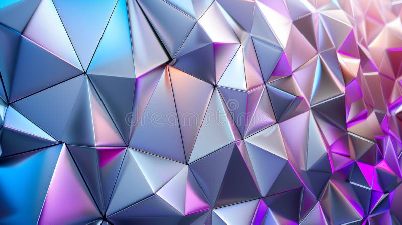 Abstract geometric background with iridescent triangular shapes in shades of blue, purple, and pink stock illustration