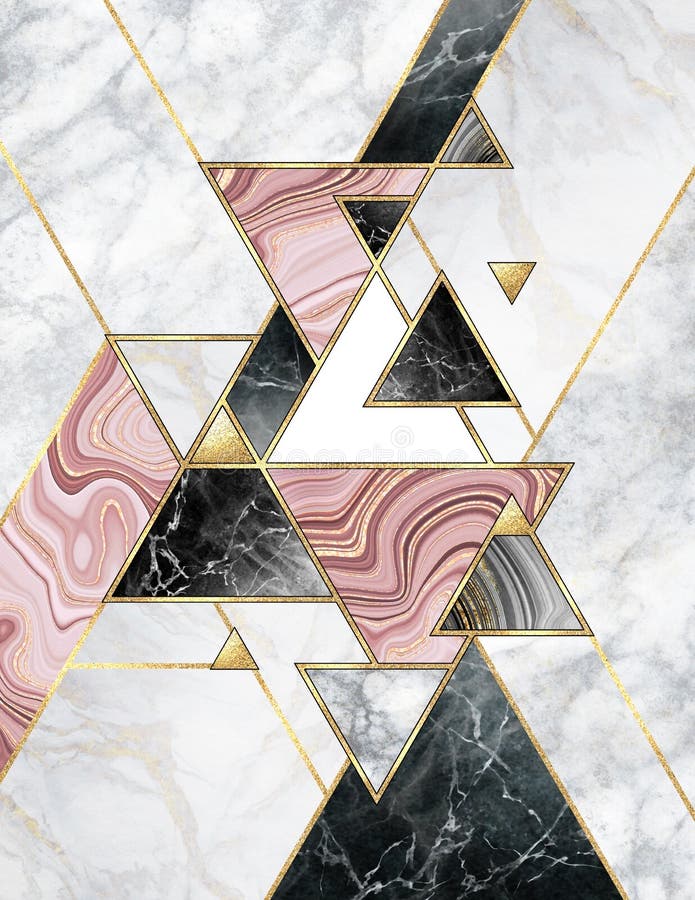 Abstract geometric background. Modern marble mosaic inlay. Black white pink gold triangles. Art deco wallpaper, artificial stone