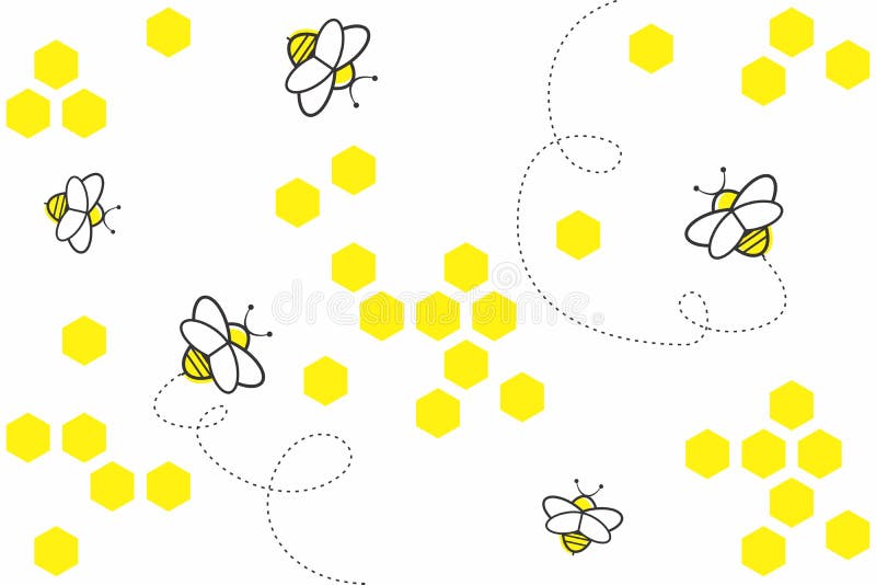Abstract geometric background with yellow hexagons and bees on white background. Seamless pattern with honeycombs, bees royalty free illustration