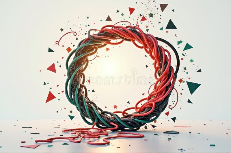Abstract geometric circle with twisted cables and colorful triangles stock illustration