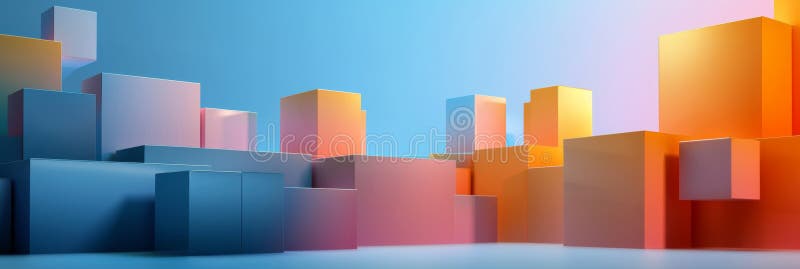 Abstract Geometric Cityscape: Vibrant Cubes in Gradient Lighting for Modern Design stock illustration