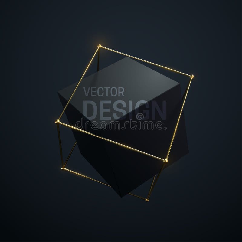 Abstract geometric composition with black cube and golden lattice structure. vector illustration