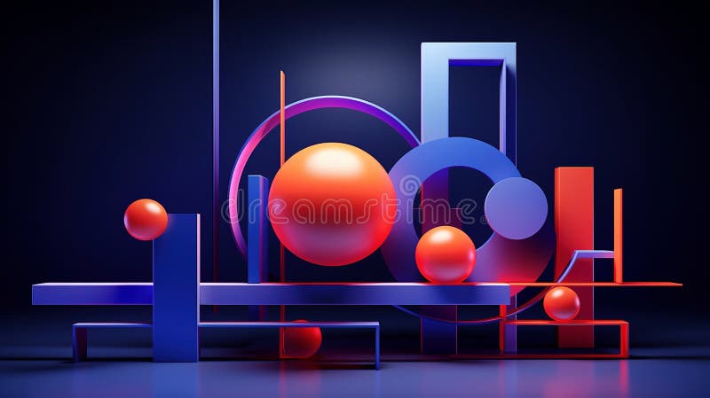 Abstract geometric composition in blue and orange 3d rendering image, royalty free illustration.