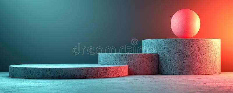 Abstract geometric composition featuring cylinders and a sphere with colorful lighting. A visually striking abstract image featuring a minimalist arrangement of geometric shapes. Cylindrical platforms of varying heights and a singular sphere are illuminated by contrasting blue and red light. A concrete texture enhances the industrial aesthetic, while the vibrant colors provide a modern and artistic touch. This composition evokes a sense of balance, depth, and creativity. AI generated