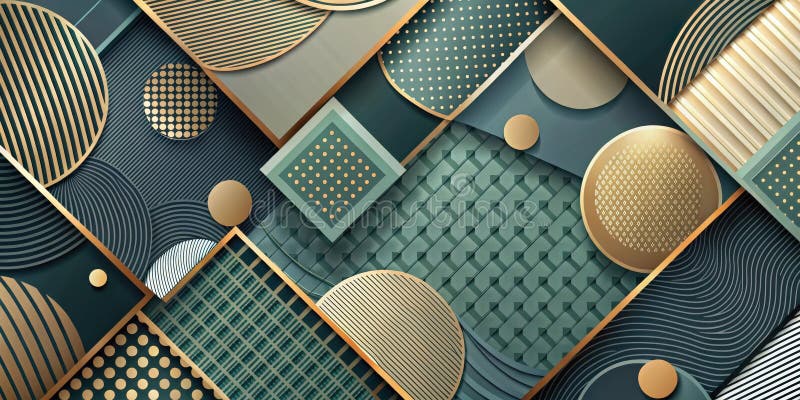 Abstract geometric design featuring interlocking circles, squares, and lines in elegant emerald and gold tones. Generative AI vector illustration