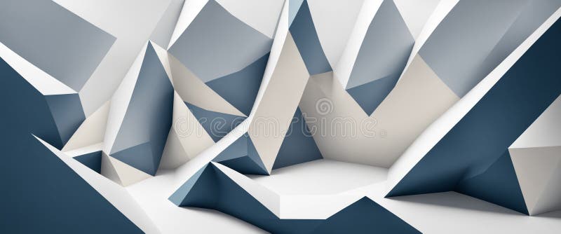 Abstract geometric landscape with angular white and gray peaks, three dimensional polygonal terrain with faceted surfaces and stock illustration