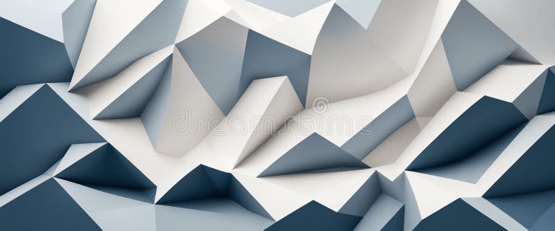 Abstract geometric landscape with sharp angular shapes in white and gray tones, three dimensional polygonal terrain with faceted stock illustration