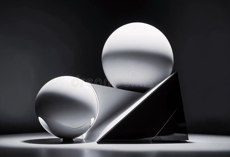 Abstract geometric model. Gray shadow on white spheres with black pyramid. stock illustration
