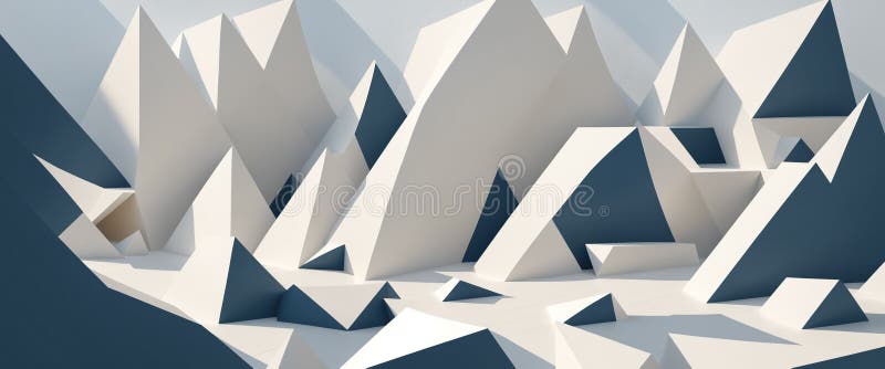Abstract geometric mountain landscape with sharp angular white and gray peaks, three dimensional polygonal terrain with faceted royalty free illustration