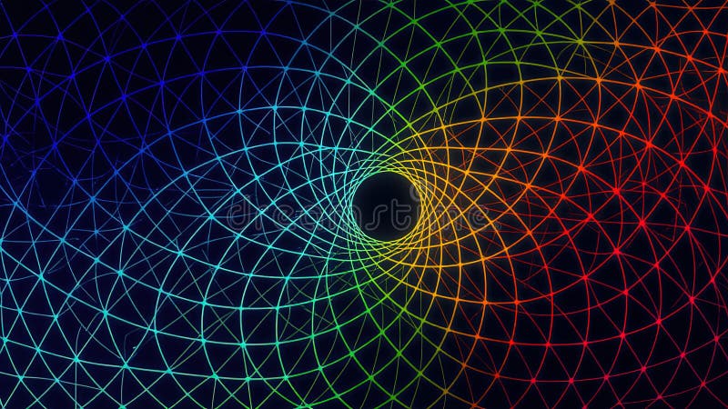 Abstract geometric pattern with colorful lines and black center. Captivating abstract design featuring colorful lines creating a geometric pattern with a central black void. Ideal for modern digital projects