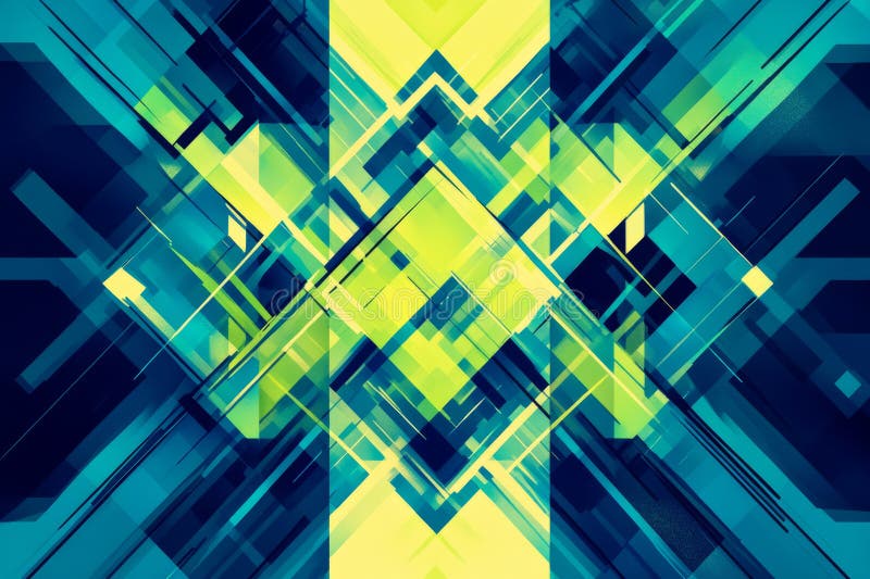 Abstract geometric pattern formed by linear shapes in vibrant blue and green, creating a modern stock photography