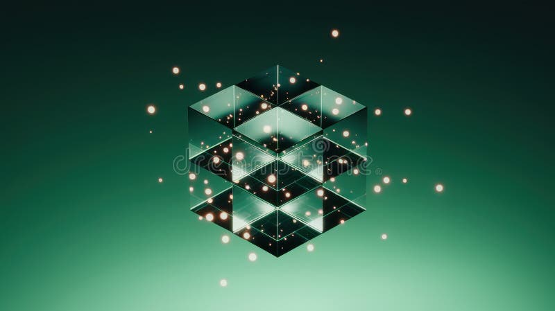 Abstract geometric pattern with glowing particles on a dark green background. royalty free illustration