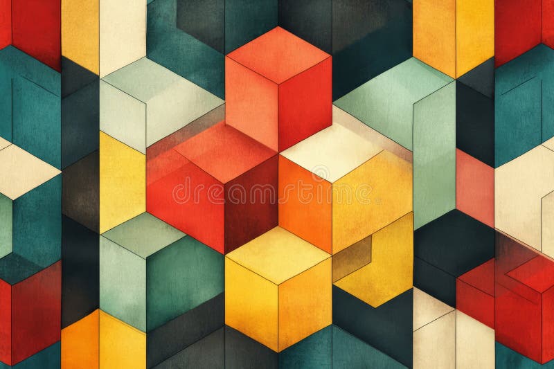 Abstract Geometric Pattern with Vibrant Cubes in Red, Yellow, and Teal Tone vector illustration