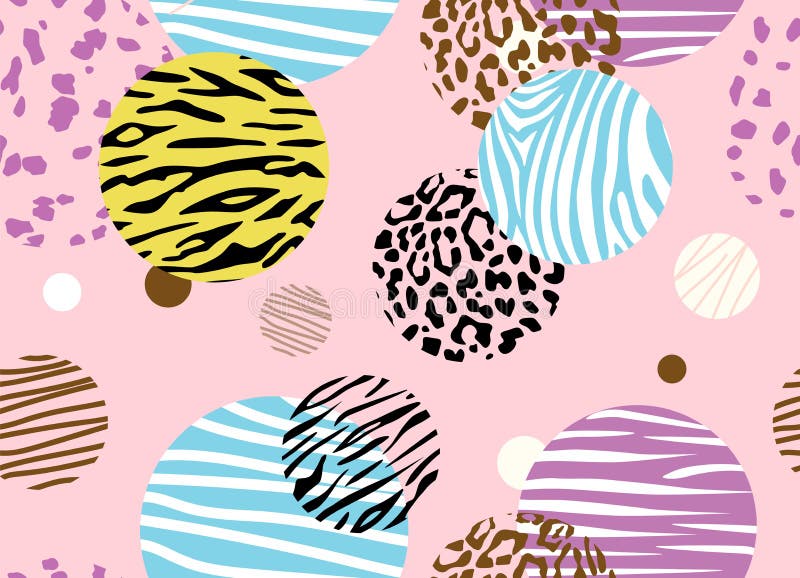 Abstract geometric seamless pattern with animal print and circles. Modern hand drawn textures pink color. stock illustration